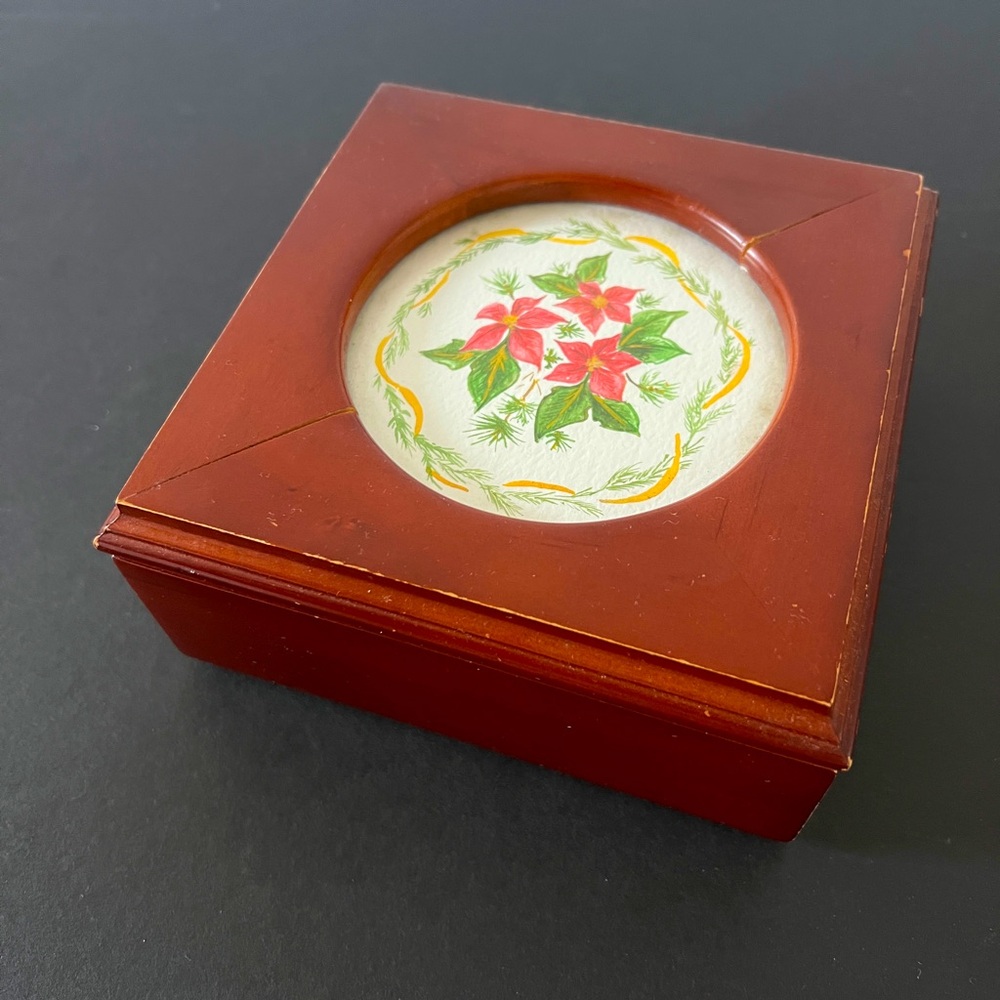 Nogiguchi square oak jewelry box hinge top glass inset artwork mirrored
